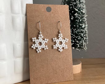 Snowflake Holiday Beaded Earrings | Handmade Beaded Earrings | Hand Crafted Boho Earrings | Statement Jewelry | Unique Christmas Gift Idea