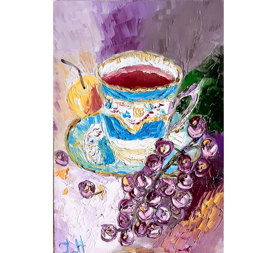 Cup Painting Cup With Tea Original Art Food Still life Kitchen Etsy