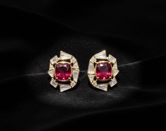 Gold Plated Sterling Silver Ruby Earrings • Modern Geometric Design