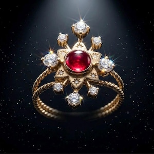 Ruby Cluster Ring | Moissanite Starburst | Sterling Silver 14K Gold | July Birthstone | Statement Ring