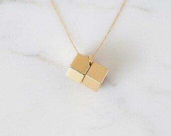 Colgante de cubos entrelazados de oro de 14k, collar geométrico, joyería moderna