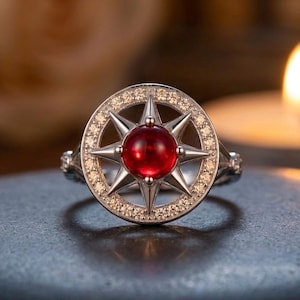 Ruby Star Ring | Sterling Silver | July Birthstone | Compass Rose Ring | Moissanite Halo | Gift