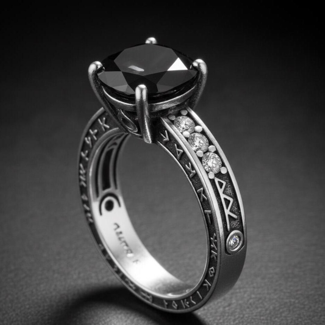Dark Fantasy Engagement Ring Silver • Black Moissanite Ring • Platinum ...