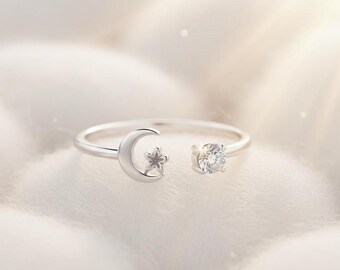 Adjustable Silver Moon & Star Ring | Celestial Open Band
