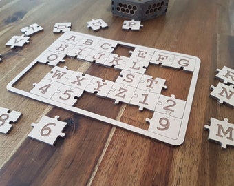 Rompecabezas ABC para niños, archivos digitales cortados con láser para corte láser, pasatiempo, vector, caja de regalo de madera cortada con láser, regalo, glowforge