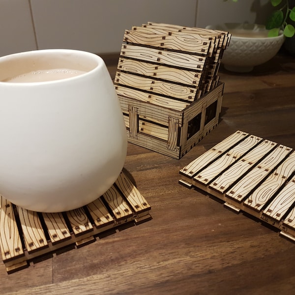 Pallet Coaster set of 6 with holder laser cut digital files for laser cutting hobby vector laser cut wooden