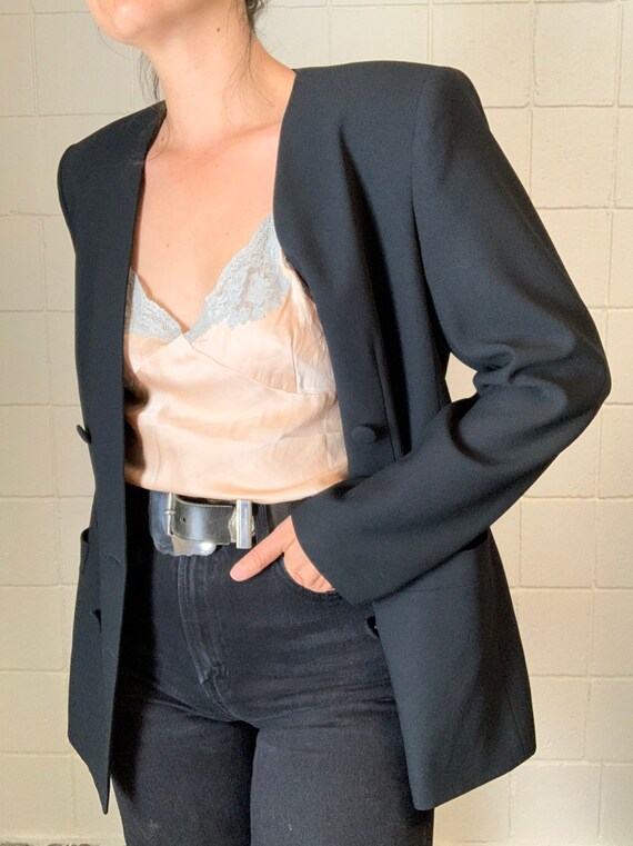Vintage Black Double Breasted Collarless Blazer