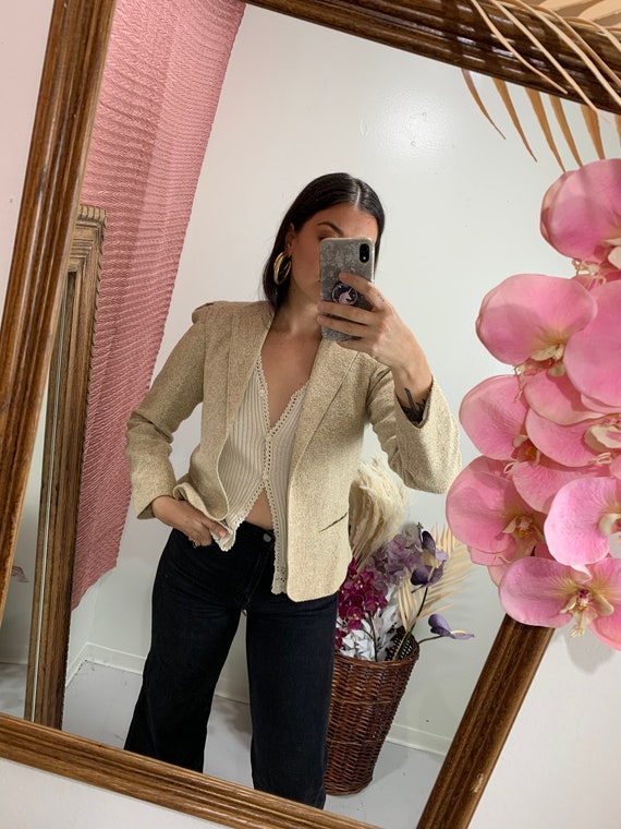 Vintage Textured Neutral Puff Sleeve Blazer