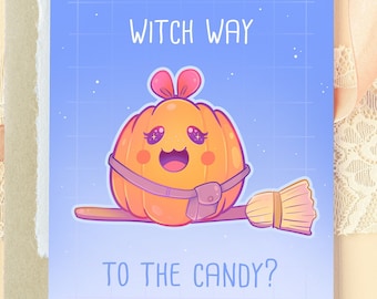 Witch Way to the Candy GRUSSKARTE | Halloween-Karte | Niedliches Briefpapier | Ghibli Kunst