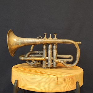 May include: An antique brass cornet, showcasing intricate details, rests on a round wooden stool with dark metal legs. The cornet's aged finish and design are prominent against a black backdrop, highlighting its vintage appeal.