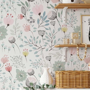 Pastel Floral Wallpaper | Removable Self Adhesive Botanical Wallpaper | Floral Peel and Stick or Pre-Pasted Wallpaper