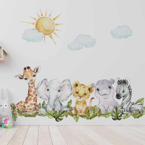 Sticker mural aquarelle bébé animaux de safari | Décoration murale pour chambre d'enfant | Sticker éléphant lion