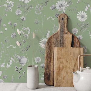 Papier peint floral vert sauge autocollant | Rouleau de papier peint pour cuisine Cottage | Papier peint bohème fleurs sauvages amovible | Sans PVC