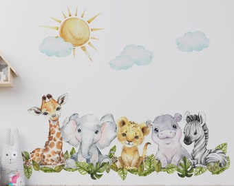 Sticker mural aquarelle bébé animaux de safari | Décoration murale pour chambre d'enfant | Sticker éléphant lion