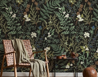 Vintage Fern Wallpaper: Dark Botanical Peel and Stick Mural