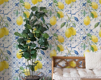 May include: A white wall with a blue and white tiled pattern featuring lemons and green leaves. A wooden bench with a white cushion sits in front of the wall. A potted plant with green leaves sits on the floor in front of the bench.