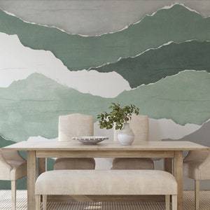 Olive Sage Green Abstract Mountains Peel and Stick Mural Wallpaper | Boho Style Self Adhesive Drawing Wall Mural | Removable Wall Decal