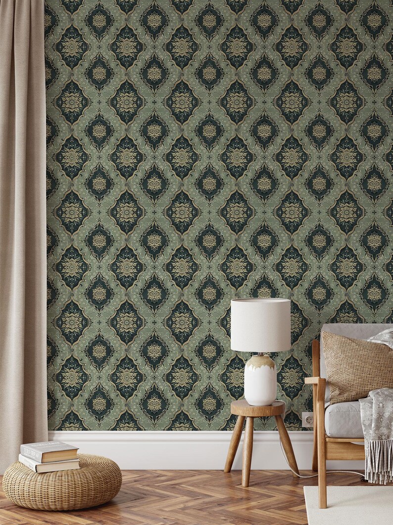 May include: A room with a patterned wallpaper featuring a repeating geometric design in shades of green and gold. A lamp sits on a wooden stool next to a couch with a throw pillow.