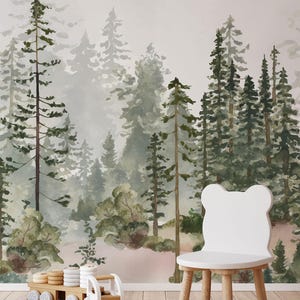 Aquarell Kiefernwald Schälen und Aufkleben Tapete | Selbstklebende Kinderzimmer Dekoration | Stoff Wald Aufkleber