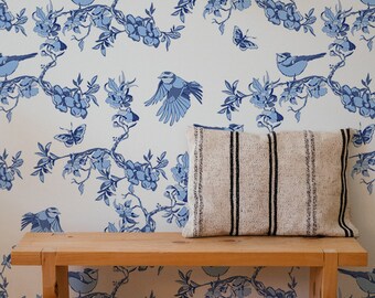 Blue Birds And Flowers Wallpaper, Wall Mural, Peel and Stick, Self Adhesive, Wall Covering by Bella Stampa Studio