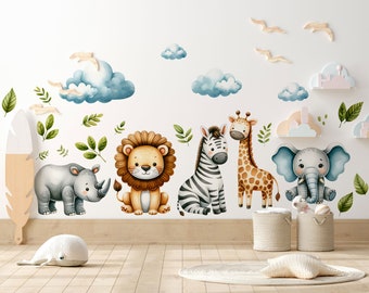 Safari Wall Stickers | Set for Kids | Safari Animals | Wall Decals | Africa Watercolor Decals Set | Nursery Peel and Stick Wall Decor
