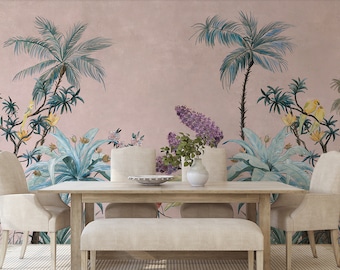Pink Wallpaper Tropical Wallpaper, Wall Mural, Peel and Stick, Self Adhesive, Wall Covering by Bella Stampa Studio