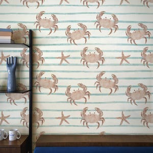 Peel and Stick Blue Crab Wallpaper | Coastal Renters Wallpaper | Nautical Tropical | Self Adhesive Wallpaper Roll | Beach | Removable Paper