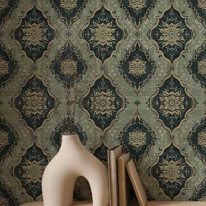 Vintage Bohemian Green Peel and Stick Wallpaper | William Morris Farmhouse Wall Art | Living Room Decor