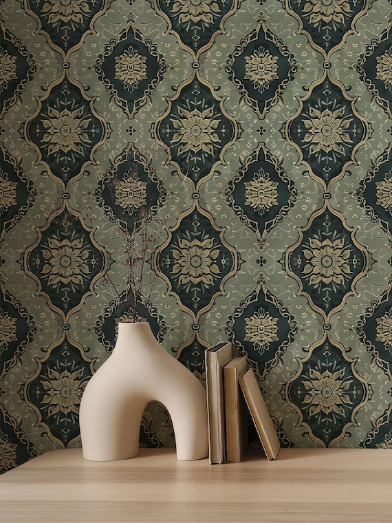 William Morris Green Peel and Stick Wallpaper: Vintage Bohemian Farmhouse Decor