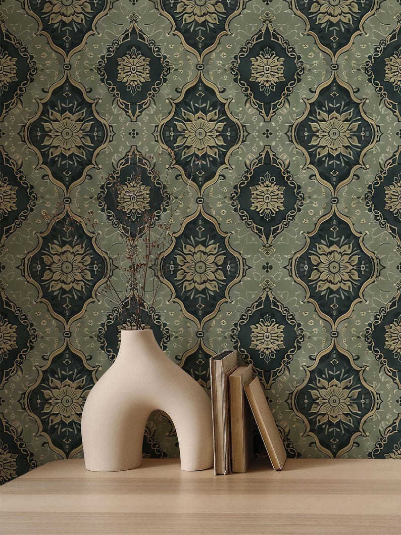 May include: A white ceramic vase with a unique arch shape sits on a wooden table in front of a wall covered in a dark green and gold patterned wallpaper.
