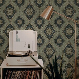 May include: A record player with a vintage record on a shelf with a stack of records. The record player is in front of a wall with a dark green and gold patterned wallpaper. A plant and a lamp are also in the image.