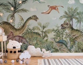 Prehistoric Dinosaur Wallpaper / Kids Room Wall Decor / Dino Park Wall Mural