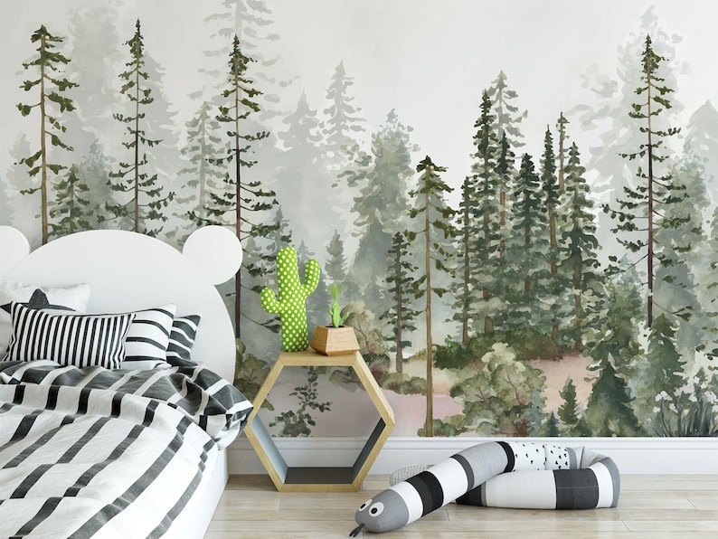 Watercolor Pine Tree Forest Wallpaper: Peel and Stick Nursery Decor - Etsy