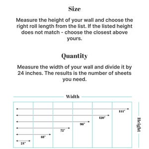 May include: A diagram showing how to measure the width and height of a wall to determine the correct size and quantity of wallpaper needed. The diagram shows a grid with measurements in inches, representing different sheet sizes. The text reads "Select correct size", "Size", "Measure the height of your wall and choose the right roll length from the list. If the listed height does not match - choose the closest above yours.", "Quantity", "Measure the width of your wall and divide it by 24 inches. The results is the number of sheets you need.", "Width", "Height", "1 sheet", "2 sheets", "3 sheets", "4 sheets", "5 sheets", "6 sheets", and "I can customize a wallpaper to your needs".