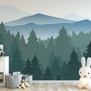 Mountains Wall Decal | Woodland Forest Mural | Pine Tree Sticker | Peel and Stick
