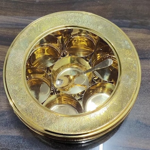 Spice Box Brass Indian Handmade 7 Bowl 1 Box 1 Spoon Kitchen Storage Masala Dabba Decorative Box Containers Bohemian Round Box Gift For You