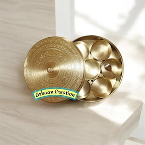 Indian Handmade Pure 100% Brass Spice Kitchen Storage Containers/ Masala Box/Storage Box/Decorative Round Spice Box