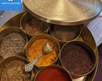 Handcrafted Brass Masala Spice Box: Indian Kitchen Storage with Spoon