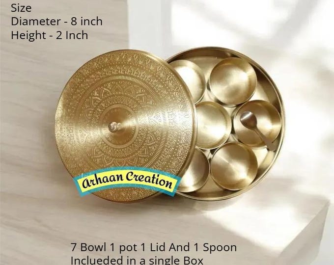 8 Inch Spice Box Brass Indian Handmade 7 Bowl 1 Box 1 Spoon Kitchen Storage Masala Dabba Decorative Box Container Boho Round Box for Gift