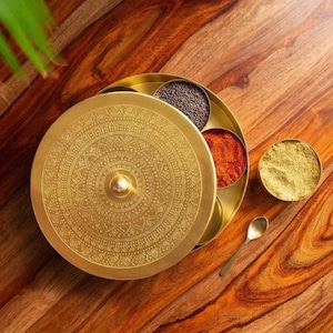 Indian Handcrafted Spice Box In Brass With Spoon | Tableware | Kitchen | Spice Storage Box | Masala dabba | Indian Masala box- Brass
