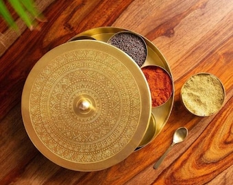 Spice Box Brass Indian Handmade 7 Bowl 1 Box 1 Spoon Kitchen Storage Masala Dabba Decorative Box Containers Bohemian Round Box Gift For You