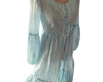 70s Blue White Aqua Open Dress Robe Prairie Folk Boho Hippie Floral Ruffle 1970s Homemade romantic volume sleeve cut away maxi full length