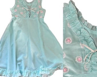 Mint Aqua Ruffle Lace Up Babydoll Nighty Nightwear Vintage 60s 70s Lolita Coquette Pin Up Small to Medium