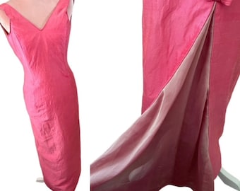 Vintage Pink Raw Silk Evening Gown with Chiffon Fishtail Fabric Covered Buttons Homemade 1950s style  Approx UK Size 4 / 6