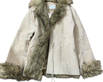 Jaren 90 suède leren beige jas bontkraag manchetten kleed String sluiting blond bruin namaakbont Afghaanse Penny Lane hippie vintage jaren 70 stijl M L