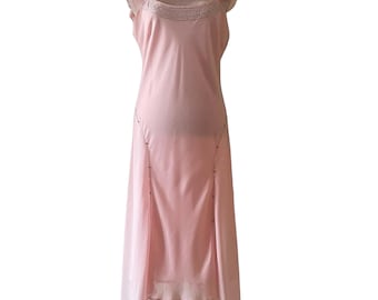1930s Style Bias Evening Gown Floaty Ruffle Crepe Semi Sheer Occasion Wear Pink Silver Diamante Jewel Beaded Asymmetric Grecian M L  XL