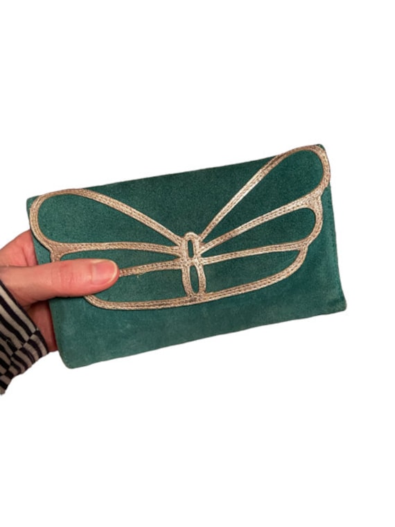 Suede Leather Purse Ladies Wallet Green Gold Butterfly y2k does 70s