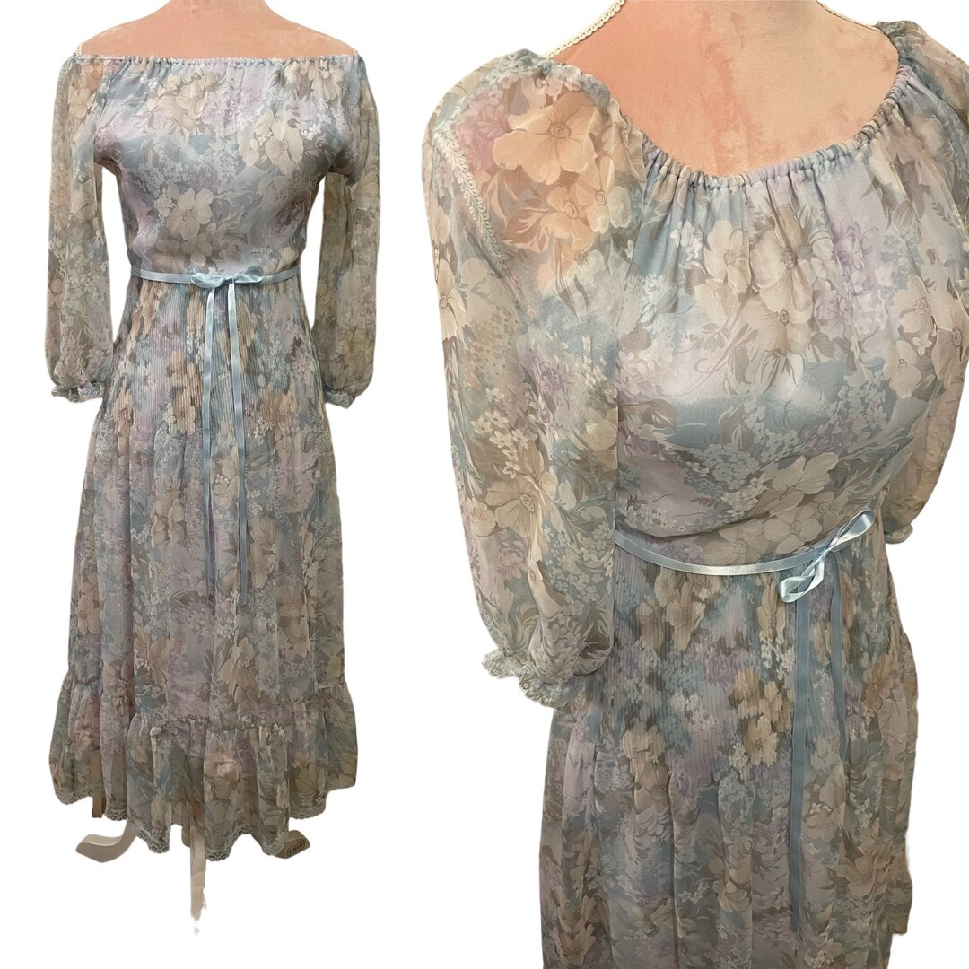 Iwd Ribbons 1970s Optional off Shoulder Maxi Floral Prairie Cottagecore Dress Blues ...