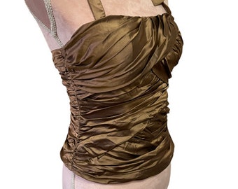 Vintage 90s Bronze Ribbon Pleat Corset Top Halterneck Bow Tie UK 6 8 Boned Bodice Bustier