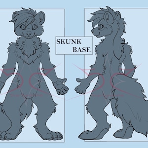 May include: Line art drawing of a skunk base for furry art. The skunk is standing on all fours with its tail raised. The drawing is in black and white and has a blue background.